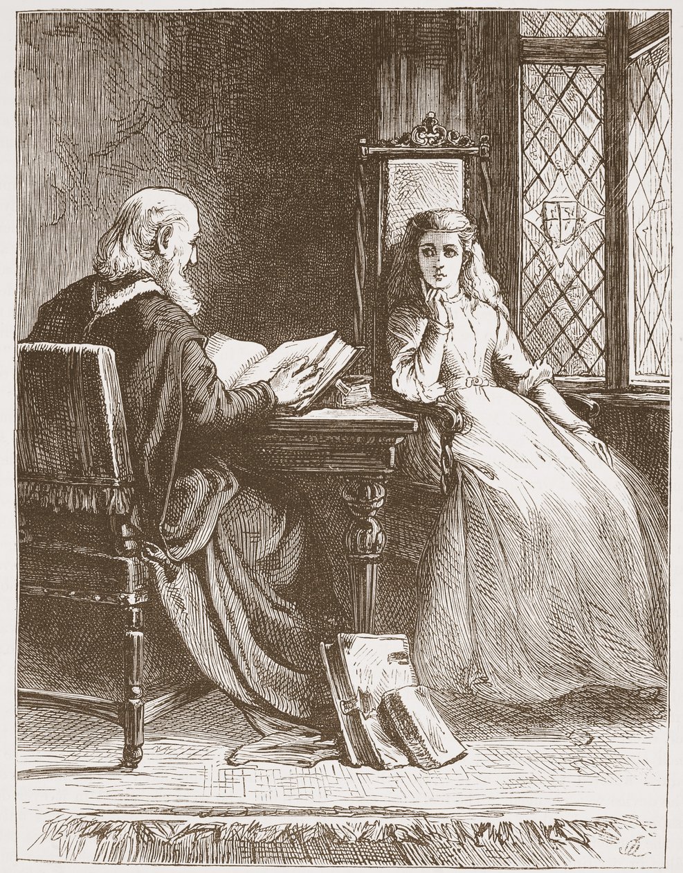 Walter Capel leser Skriften for sin datter, illustrasjon fra The History of Protestantism av James Aitken Wylie (1808-1890), pub. 1878 av English School