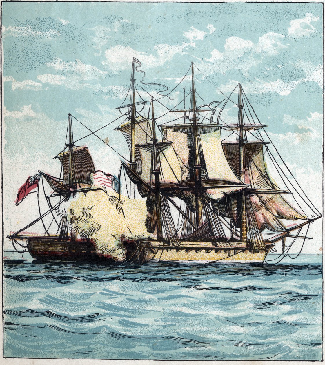 Krigen i 1812 mellom USA og Storbritannia: Chesapeake-fregatten under sjøslaget mot den britiske fregatten "" Shannon"" 01.06.1813 utenfor Boston. "Chesapeake og Shannon" av English School