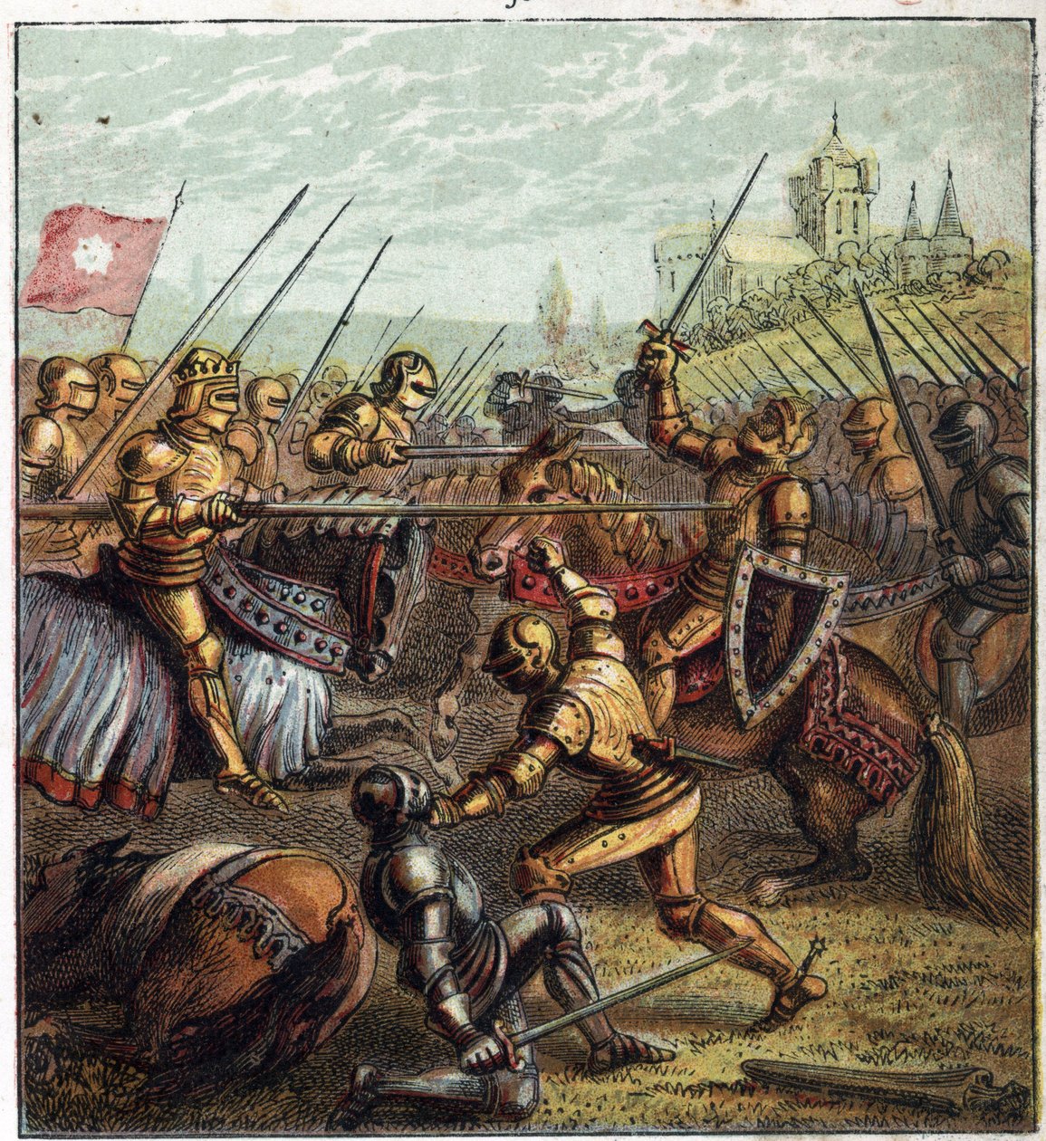 War of the Two Roses (1455-1485); Slaget ved Tewkesbury (4. mai 1471). Illustrasjon av den engelske borgerkrigen født av delingen av etterfølgerne til kong Edward III (1327-1377) i to grener. Slaget ved Tewkesbury: det siste slaget i krigen om rosen av English School