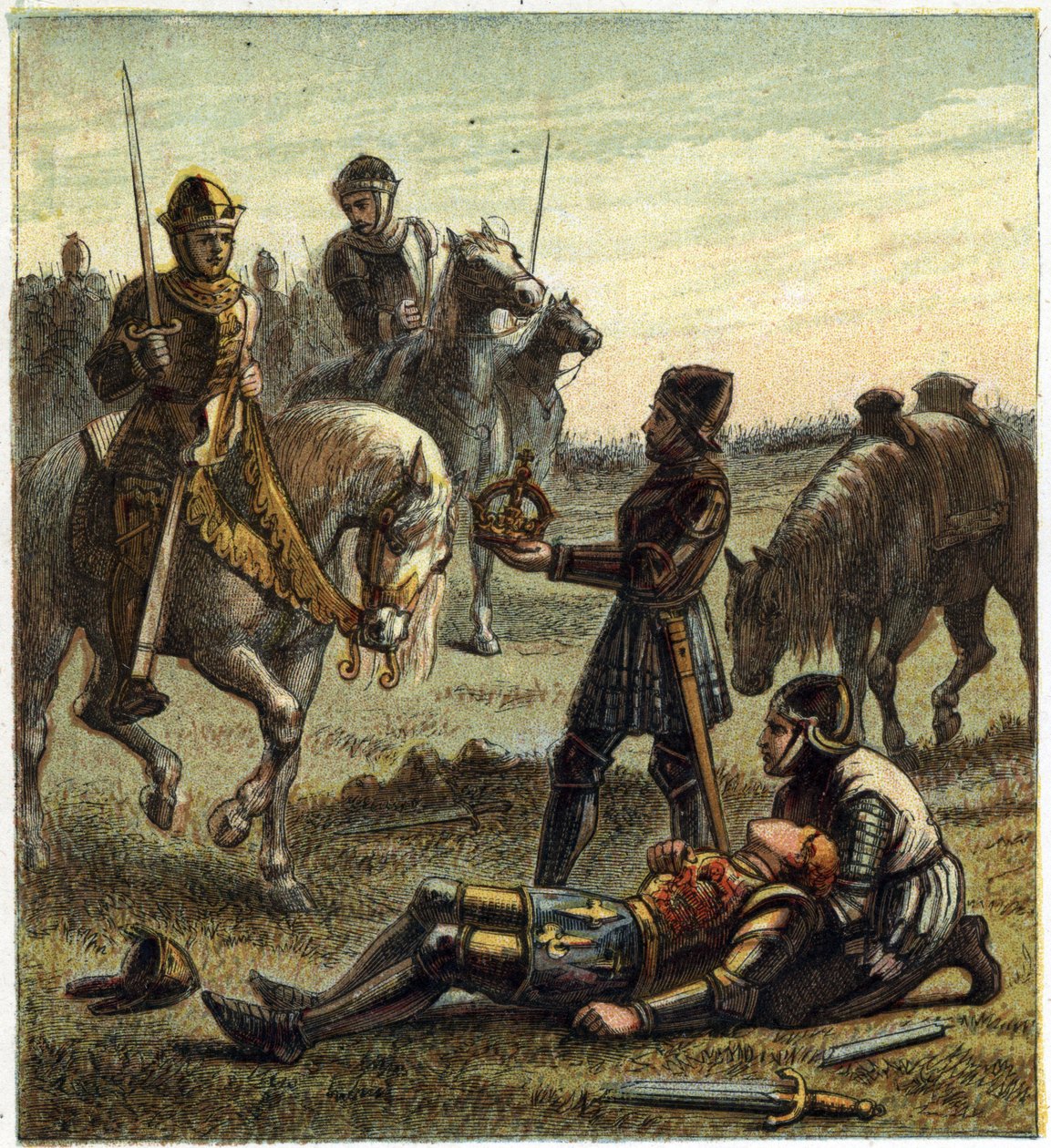 War of the Two Roses: død av kong Richard III (1452-1485) under slaget ved Bosworth Field, som mellom 22/08/1485 Richard III og Henri, hertug av Richmond. Sistnevnte mottok kronen til dechu-kongen og ble Henry VII kjent som Henry Tudor av English School