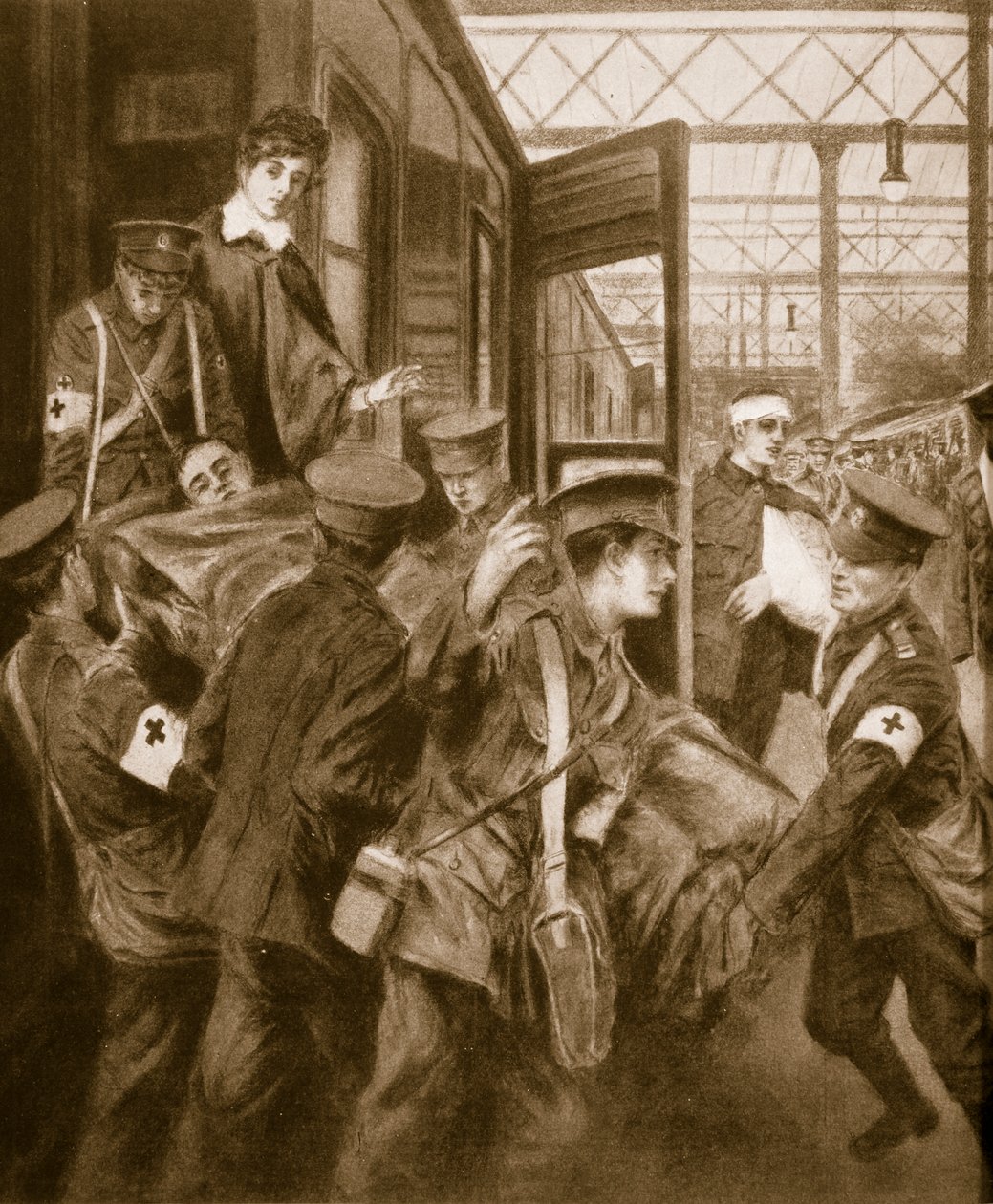 Krigsskadde ankom en togterminal i London, 1914-19 av English School