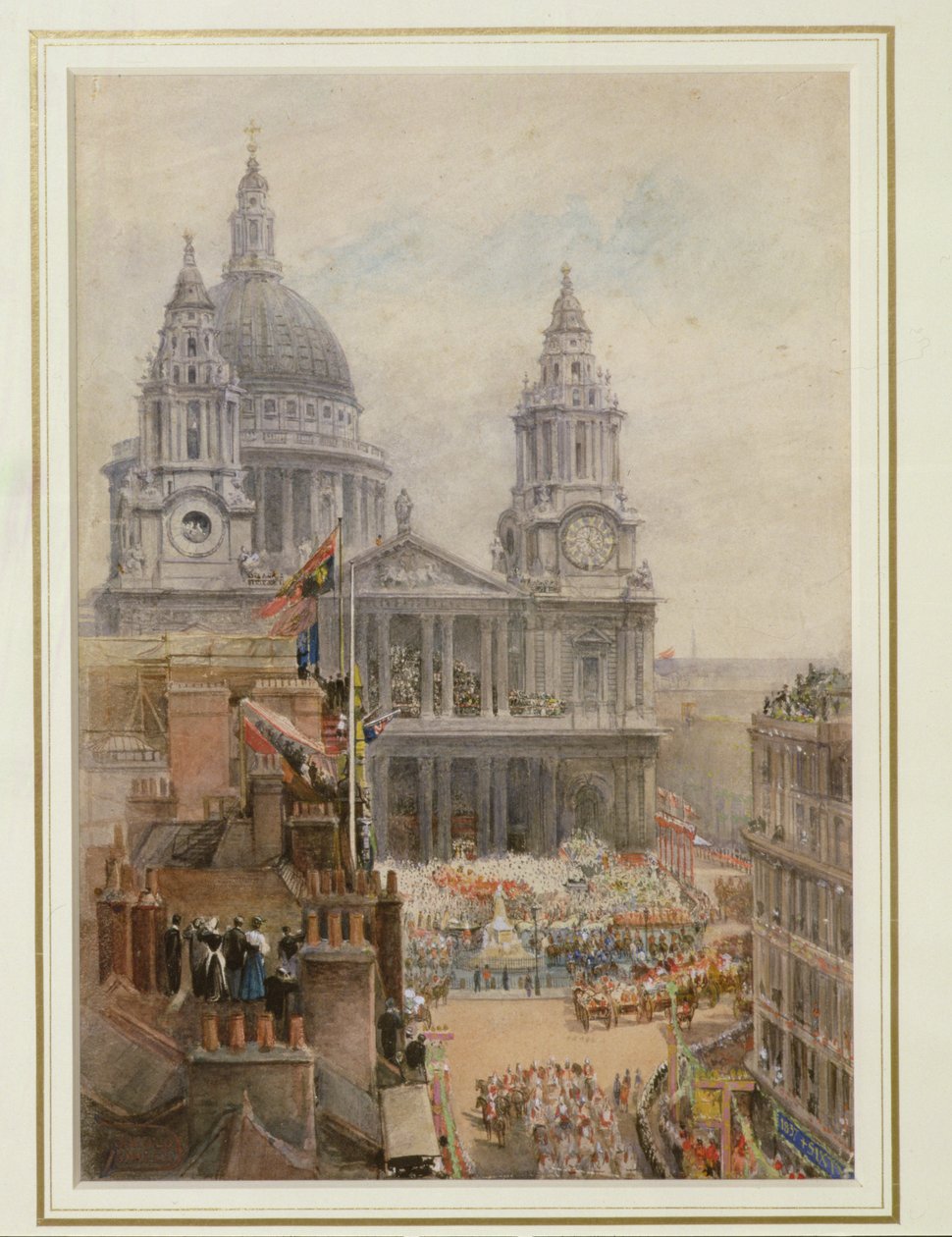 Ser på dronning Victorias jubileumsfeiring utenfor St. Pauls (wc på papir) av English School