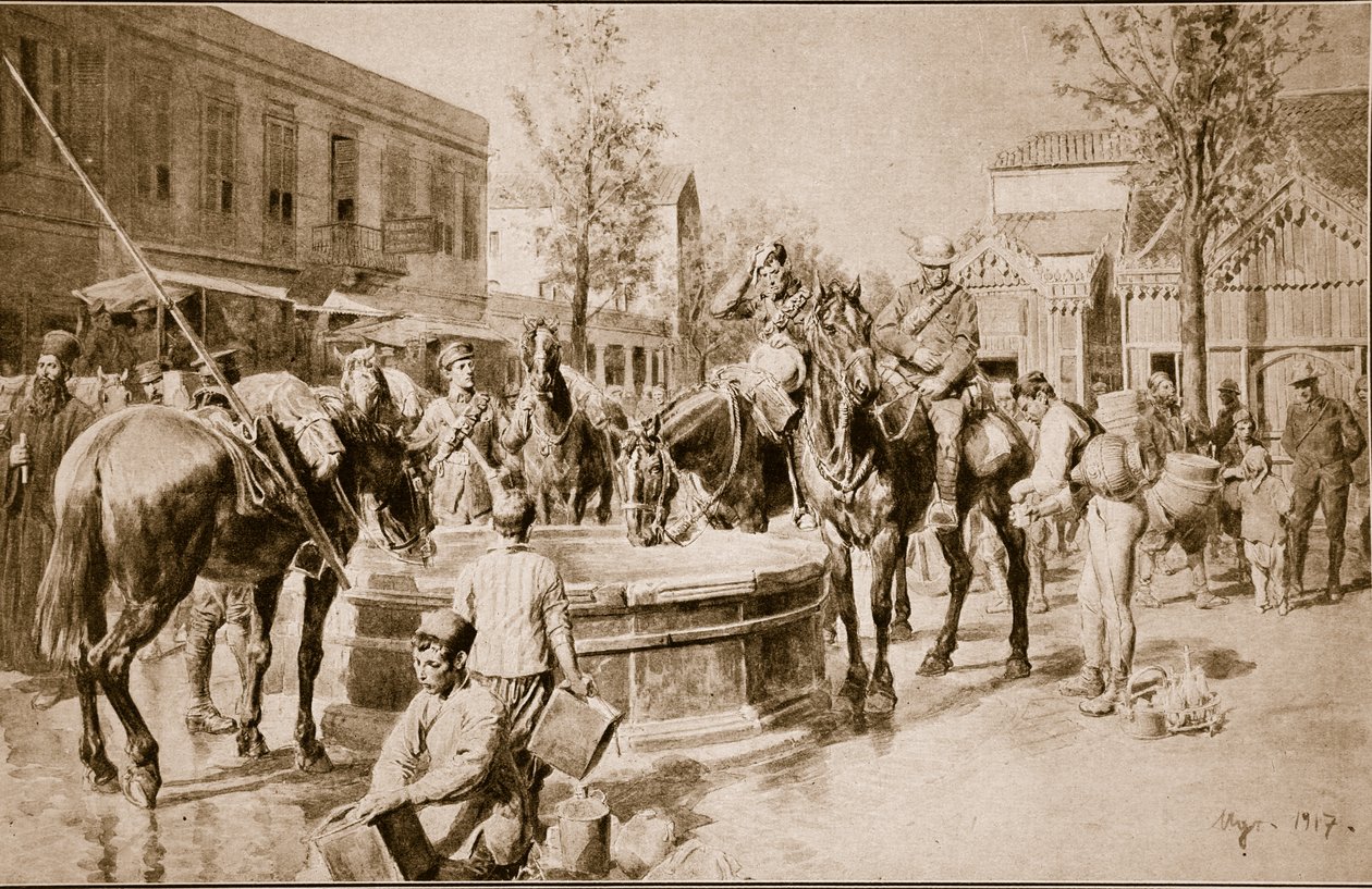Vann for mennesker og dyr: en typisk scene i Salonika, 1914-19 av English School