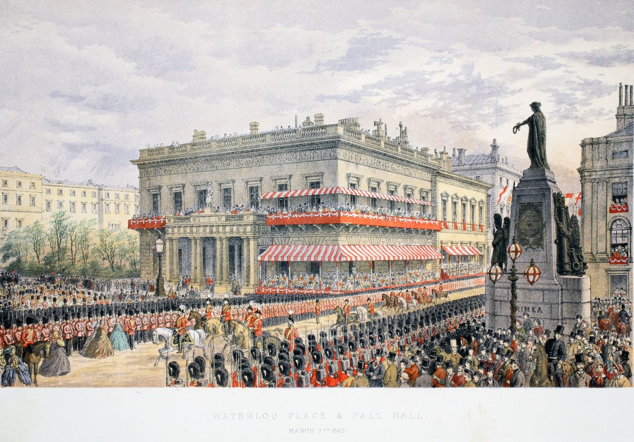 Waterloo Place og Pall Mall, fra A Memorial of the Marriage of Edward VII and Alexandra of Denmark, pub. 1864 av English School