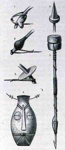 Våpen, amulett og harpun fra Manyema, fra The History of the Mankind, bind III, av prof. Friedrich Ratzel, 1898 av English School