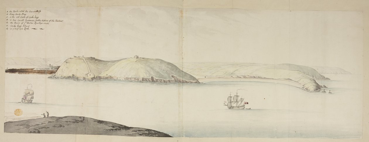 Vestinngangen til Cork Harbour, fra Kidds, eller Cow and Calf, til Cross Beg Island; West Entrance of Cork Harbour, viser Halbowlin Island, Spike Island og Cross Haven, ca. 1684 (penn og blekk og akvarell på papir) av English School