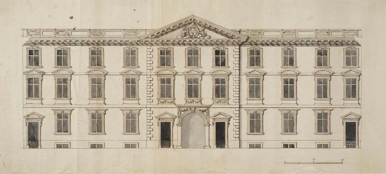 Vestfronten av det foreslåtte nye bygget for Garden Quadrangle ved New College, ca. 1680 (blekk og grå vask på papir) av English School