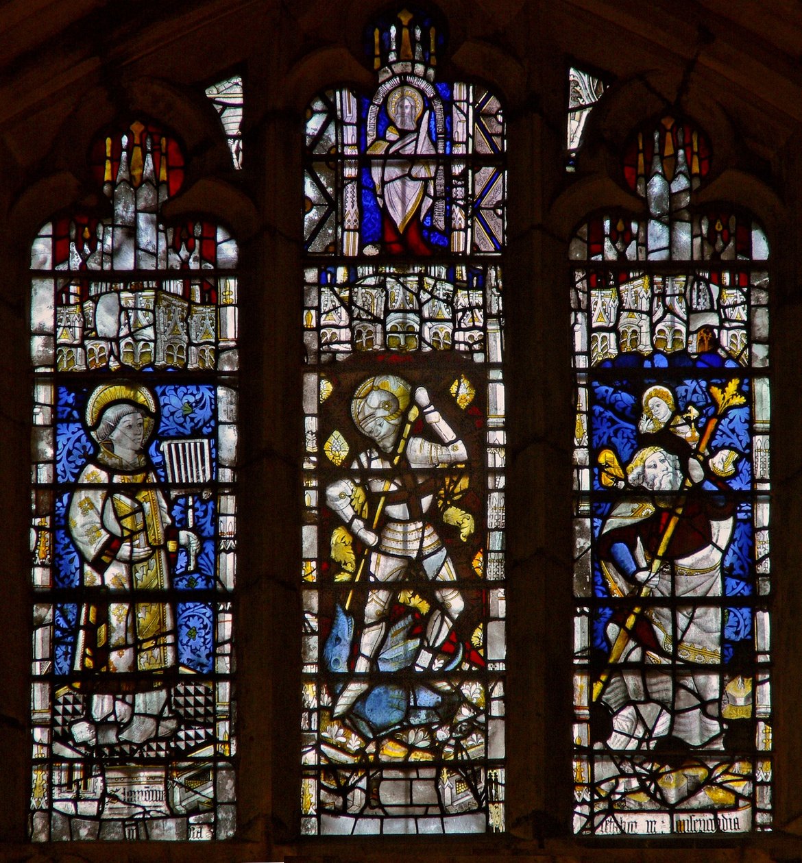 Vestvindu som viser St Christopher, St George, St Lawrence av English School