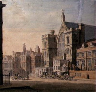 Westminster Hall og New Palace Yard, ca. 1808 (akvarell på papir) av English School