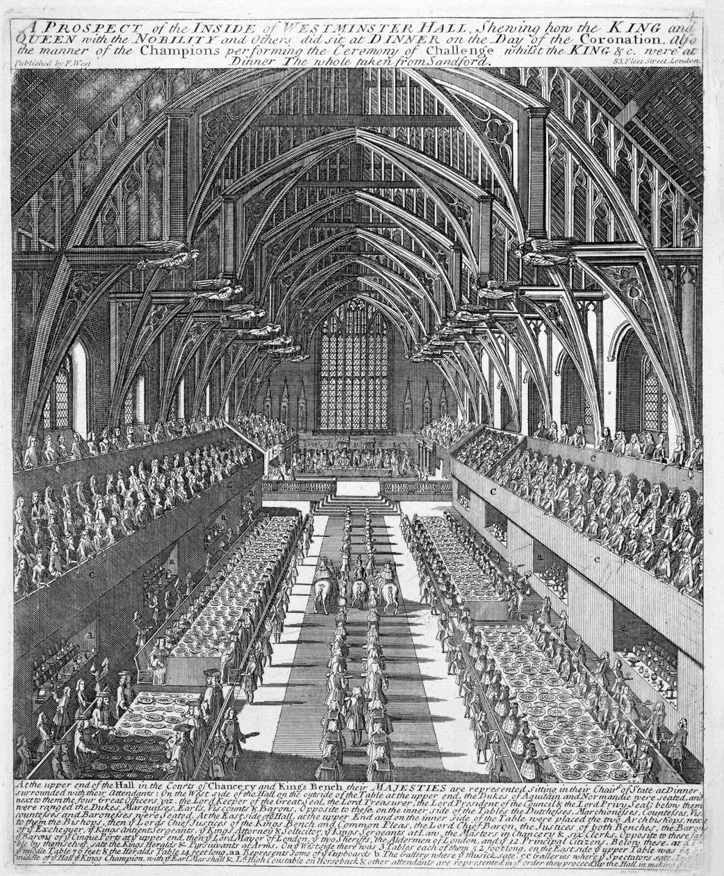 Westminster Hall under feiringen etter kroningen av James II, 23. april 1685 av English School