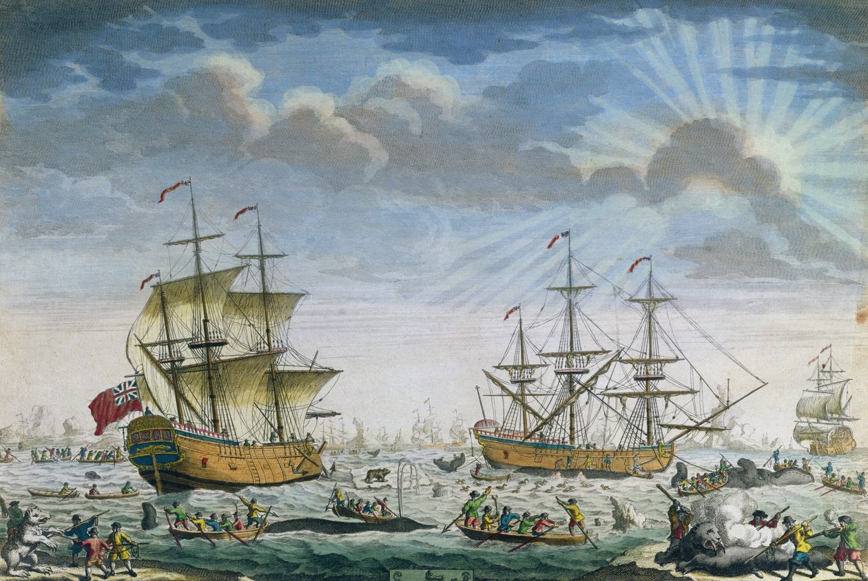 Hvalfangst, sent på 1700-tallet (fargegravering) av English School