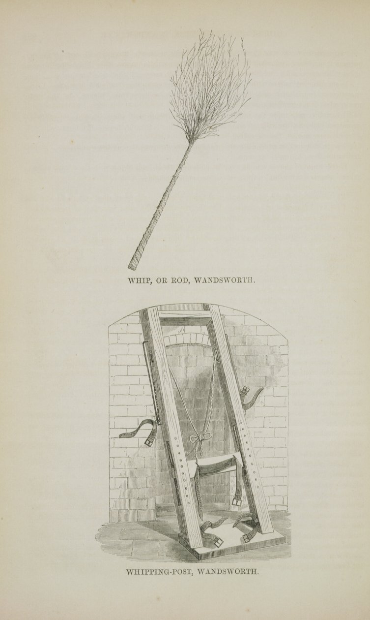 Whip or Rod and Whipping-Post at Wandsworth, fra The Criminal Prisons of London and Scenes of Prison Life av Henry Mayhew (1812-87) og John Binny, 1862 av English School