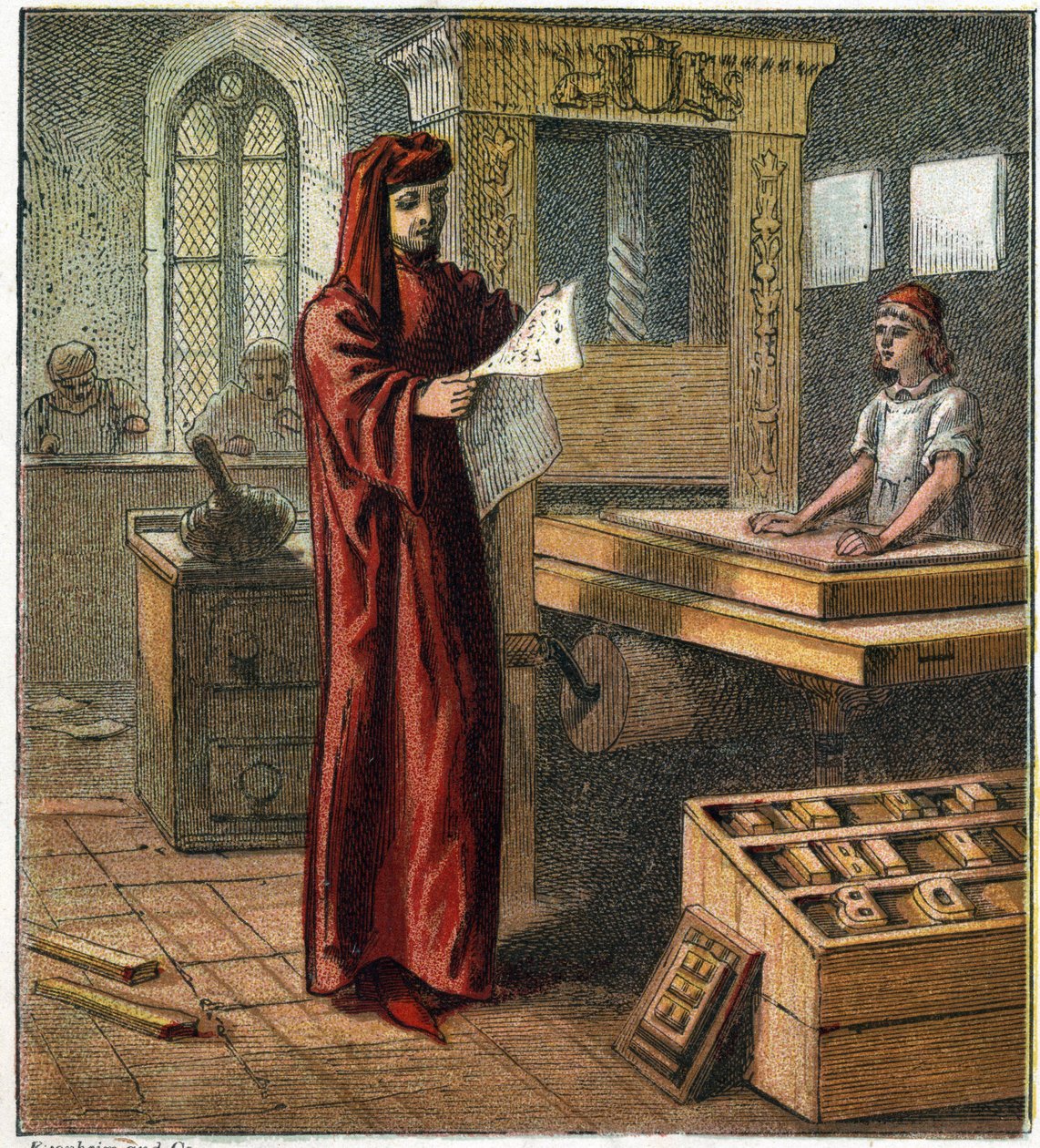 William Caxton (1422-1491), første engelske trykker, i verkstedet sitt med en trykkpresse. William Caxton, den første engelske skriveren. av English School