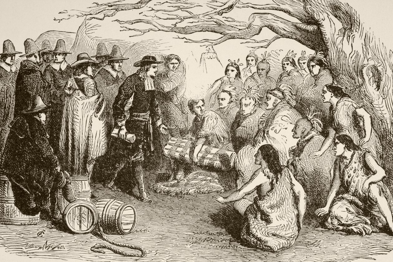 William Penn inngår en traktat med Delaware- eller Lenape-indianerne i 1682 (litho) av English School