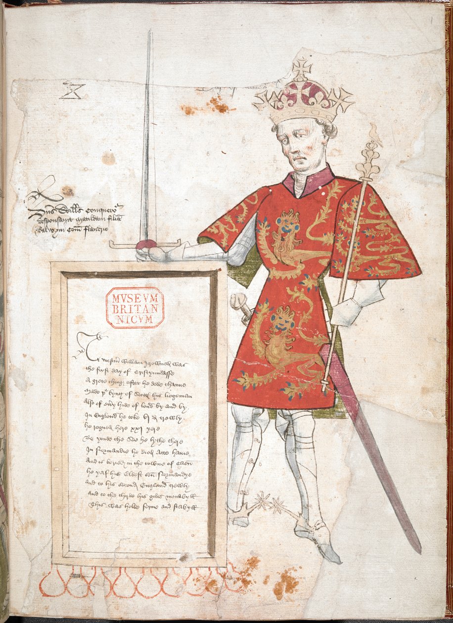 Vilhelm Erobreren , En engelsk konge i rustning og tabard, presenterer en plakett med vers (vellum) av English School
