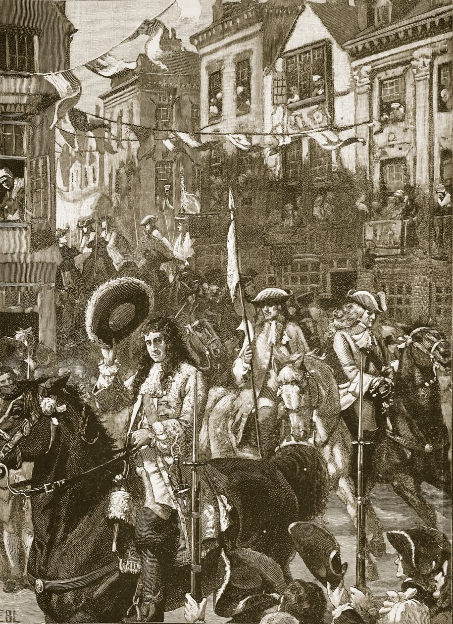 Williams triumferende prosesjon til Whitehall, illustrasjon fra Cassells Illustrated History of England (sepiafoto) av English School