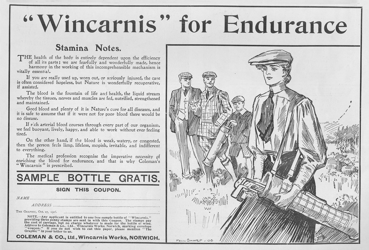 Wincarnis for Endurance, annonse fra The Graphic, 27. oktober 1906 av English School