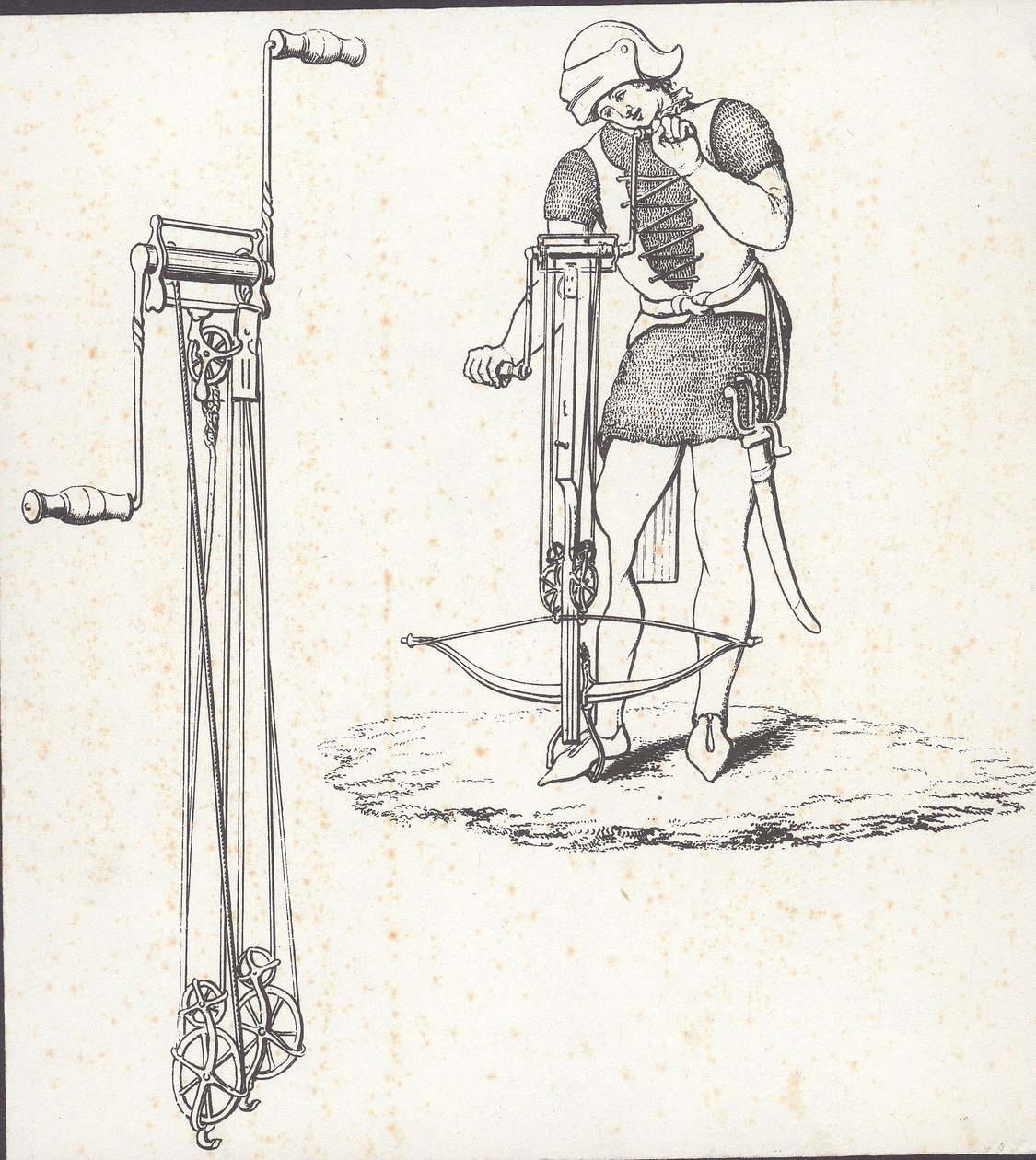 Ankerspillmekanisme for å spenne armbrøst, illustrasjon fra 'Ancient Armour' av English School