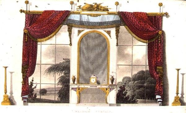 Window Curtain for a Boudoir, plate 3 fra Ackermanns Repository of Arts, utgitt 1809 (farge litho) av English School