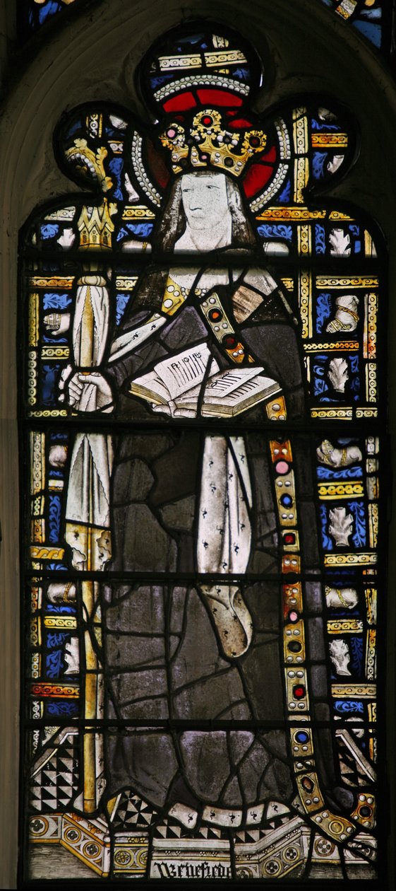 Window Ew som viser scene fra livet til St Winifred - med juveler av innfelt glass av English School