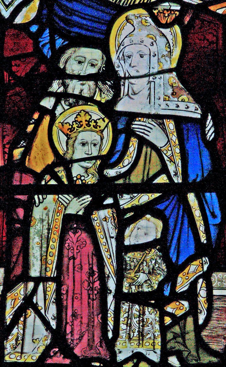 Window Ew som viser St Anne, Joachim, Jomfru Maria og Kristusbarnet av English School