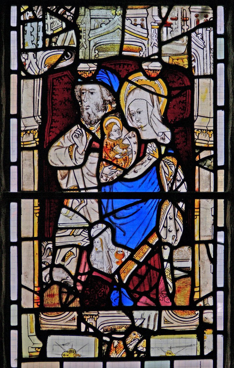 Window Ew som viser St Anne, Joachim, Jomfru Maria og Kristusbarnet av English School