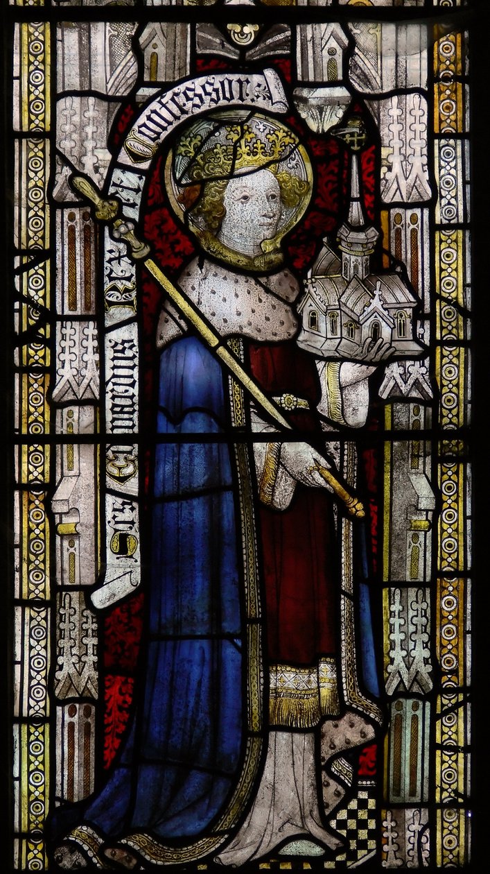 Window Ew som viser St Ethelbert (feilmerket som Edward the Confessor på 1800-tallet!) av English School
