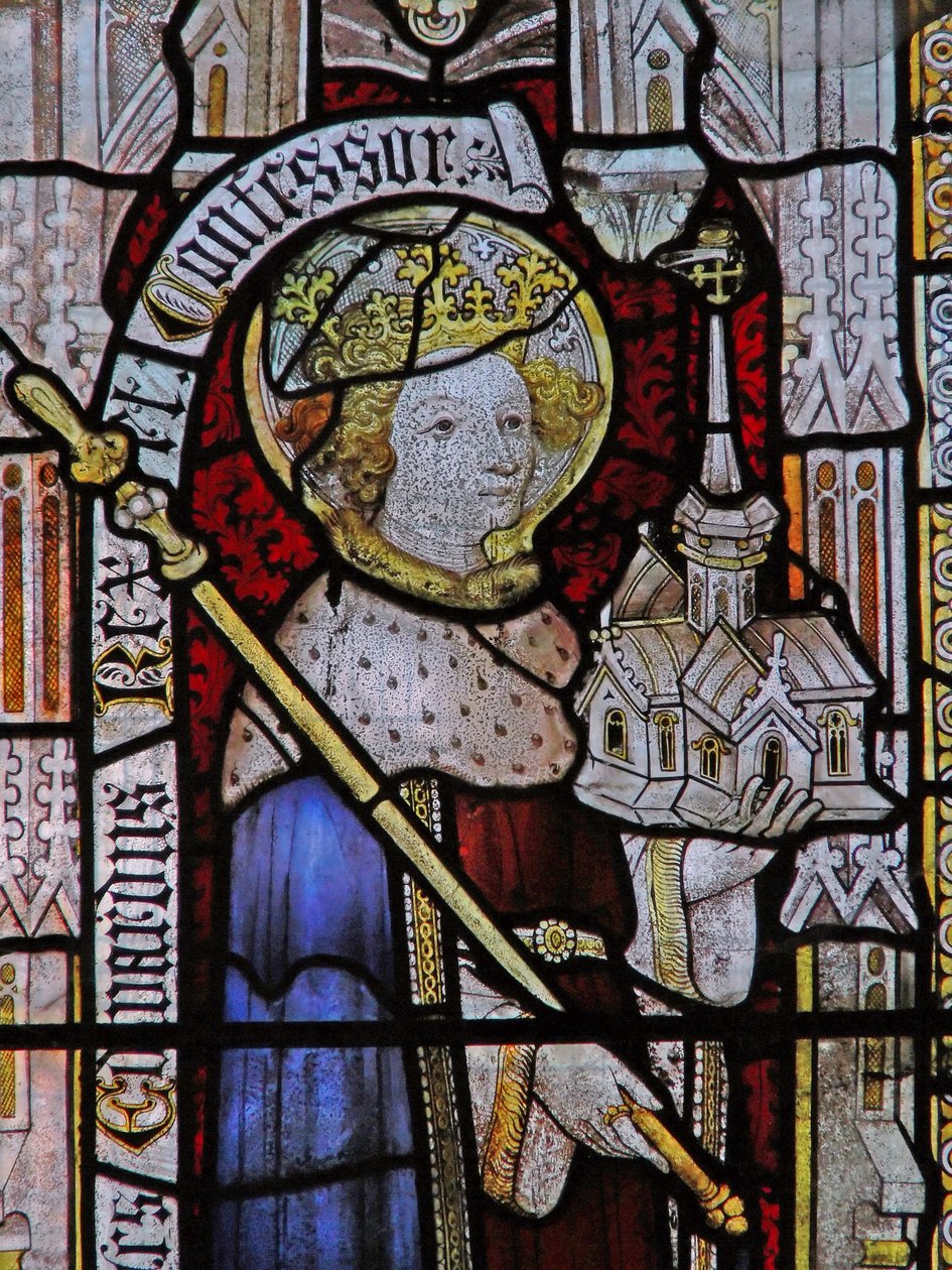 Window Ew som viser St Ethelbert (feilmerket som Edward the Confessor på 1800-tallet!) av English School