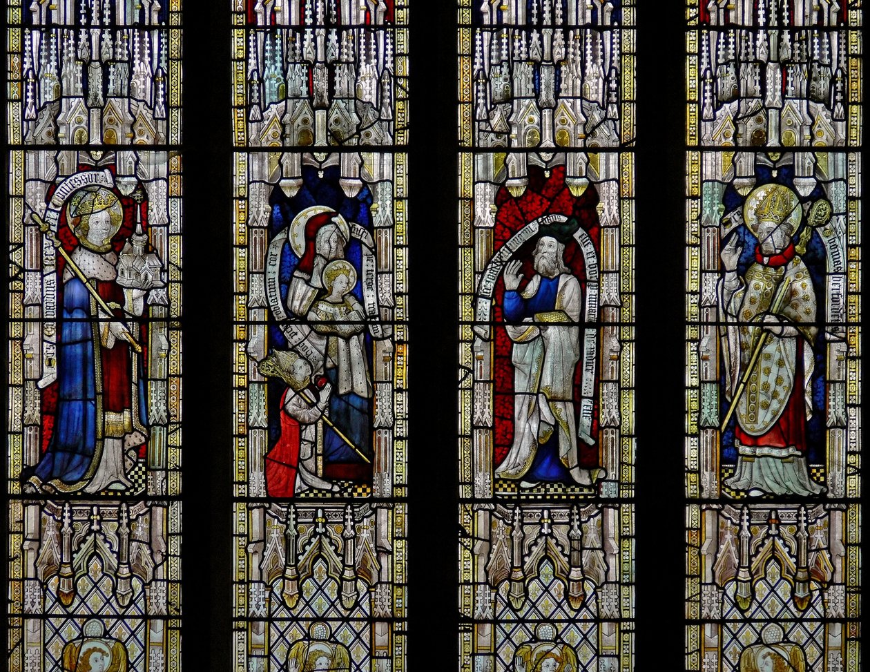 Window Ew som viser St Ethelbert, St Anne og Jomfruen, Joachim, St Thomas of Hereford av English School