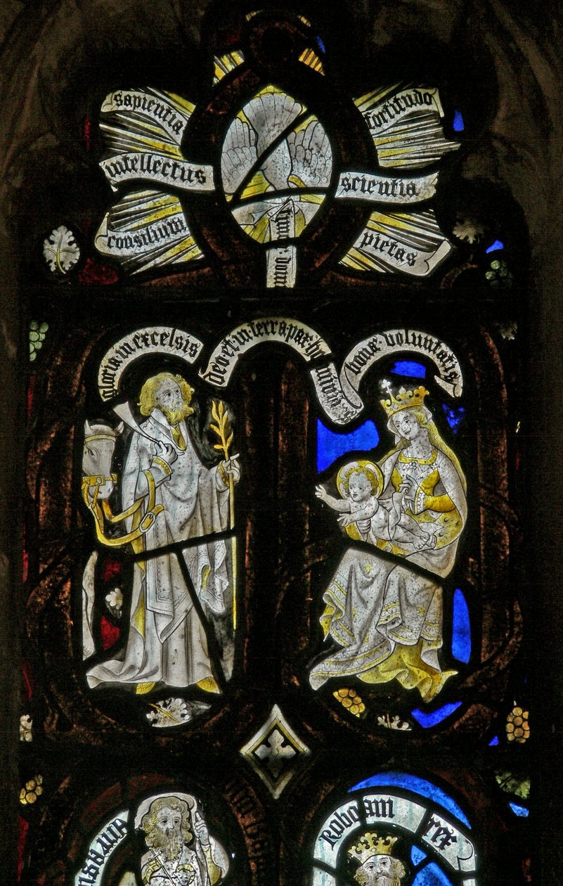 Window Ew som viser Tree of Jesse-figurer: Åndens gaver som kommer ned i fødselen med Jomfru Maria og Josef med hestesel av English School