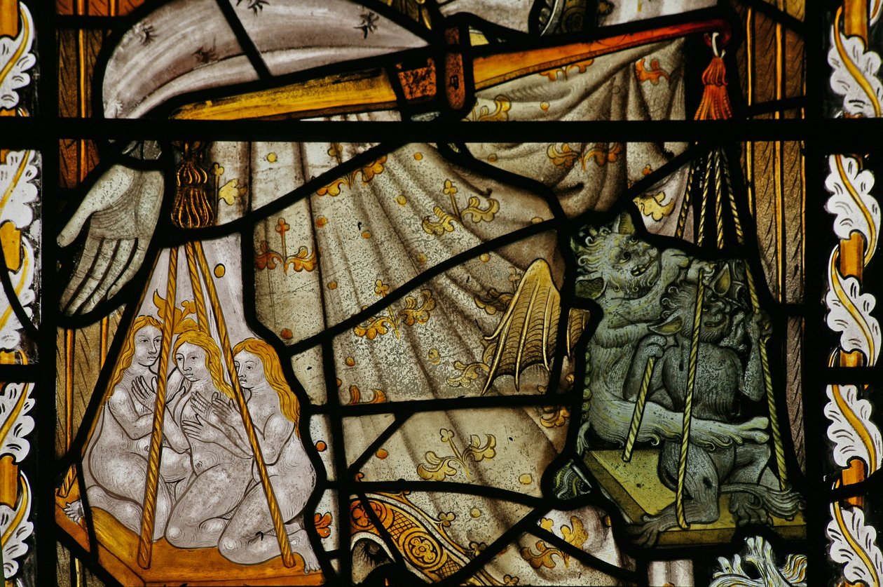 Window Na som viser St Michaels vekt med djevel og sjeler i vekten av English School