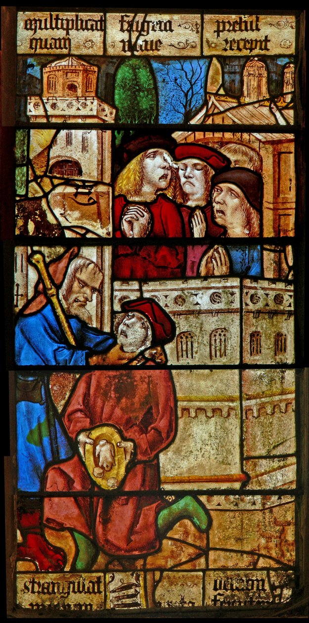 Window SaEw som viser en scene fra en legende om St. Nicholas: djevelen kveler en gutt som tilbød ham mat på St. Nicholas-dagen av English School