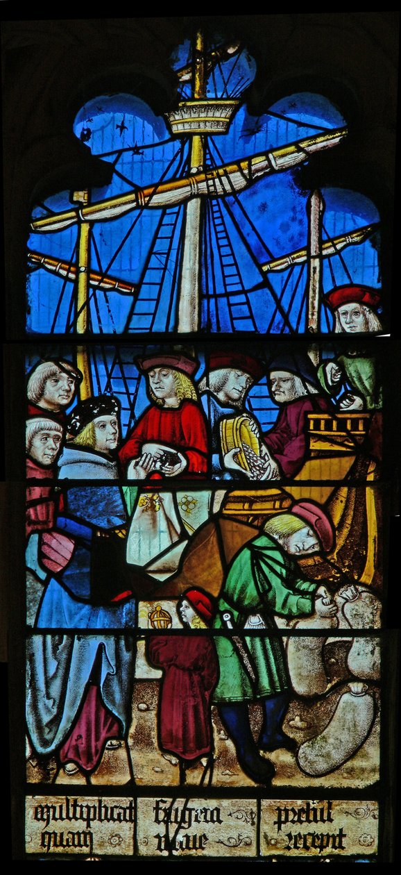 Window SaEw som viser en scene fra en legende om St Nicholas: kornskipene losser ved Myra av English School