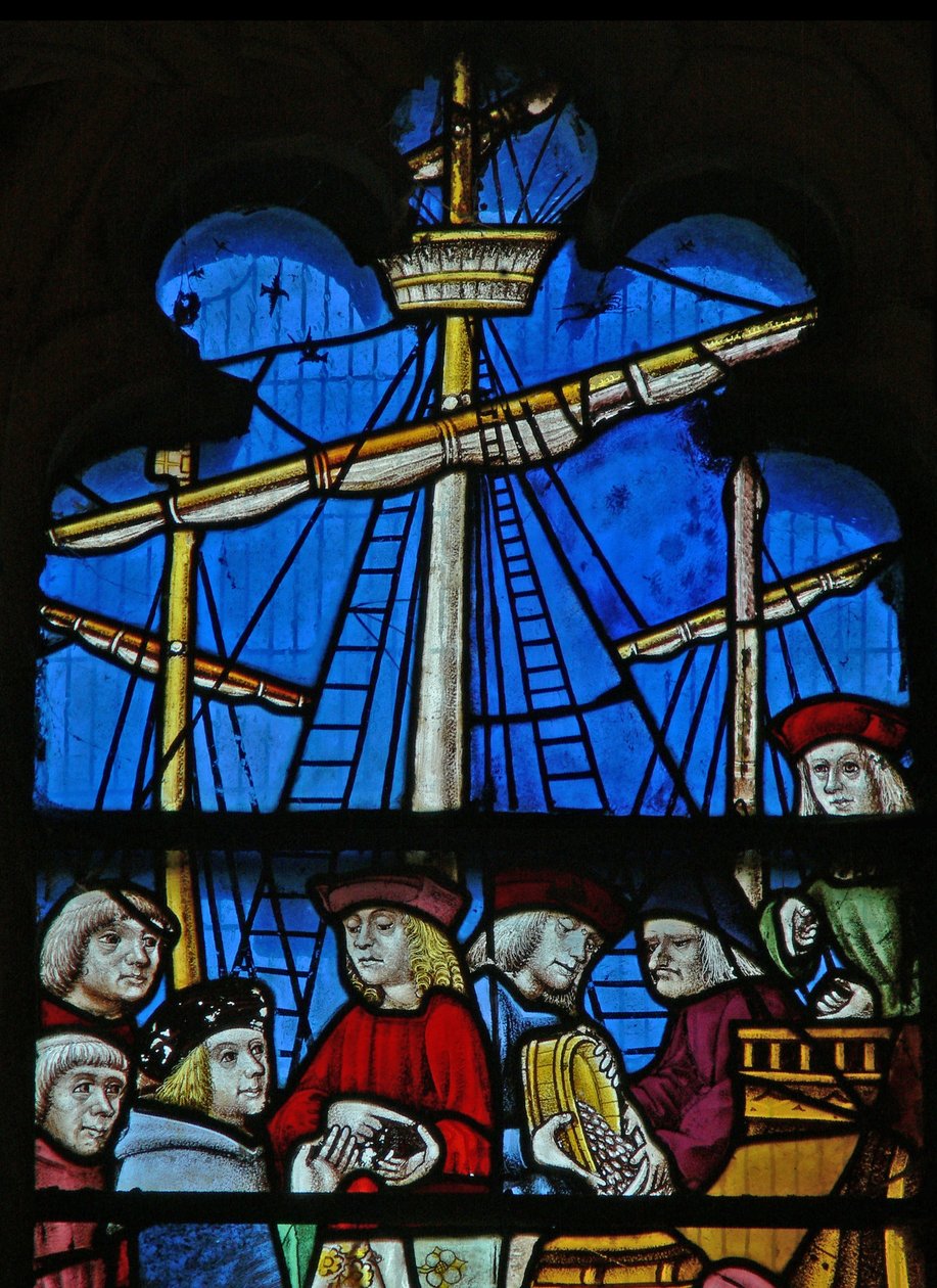 Window SaEw som viser en scene fra en legende om St Nicholas: kornskipene losser ved Myra av English School