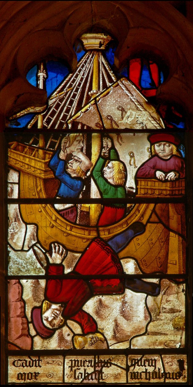 Window SaEw som viser en scene fra en legende om St. Nicholas: guttens mirakel og koppen: gutten som er betrodd en Golden Cup, faller i havet på vei til Bari. av English School