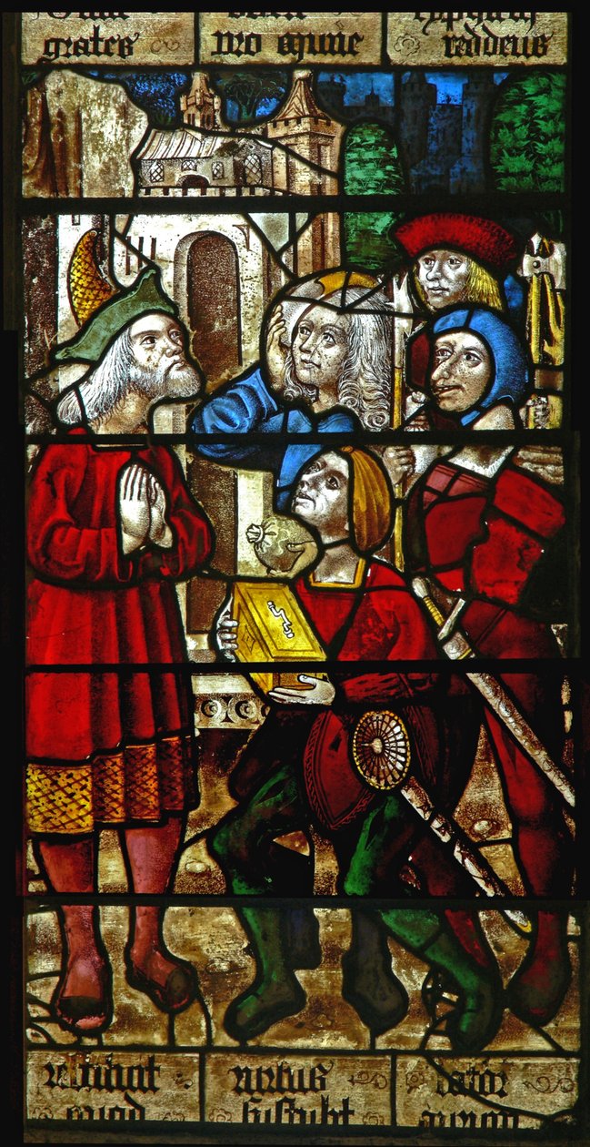 Window SaEw som viser en scene fra en legende om St. Nicholas: tyver returnerer skatten de stjal til den rike mannen av English School