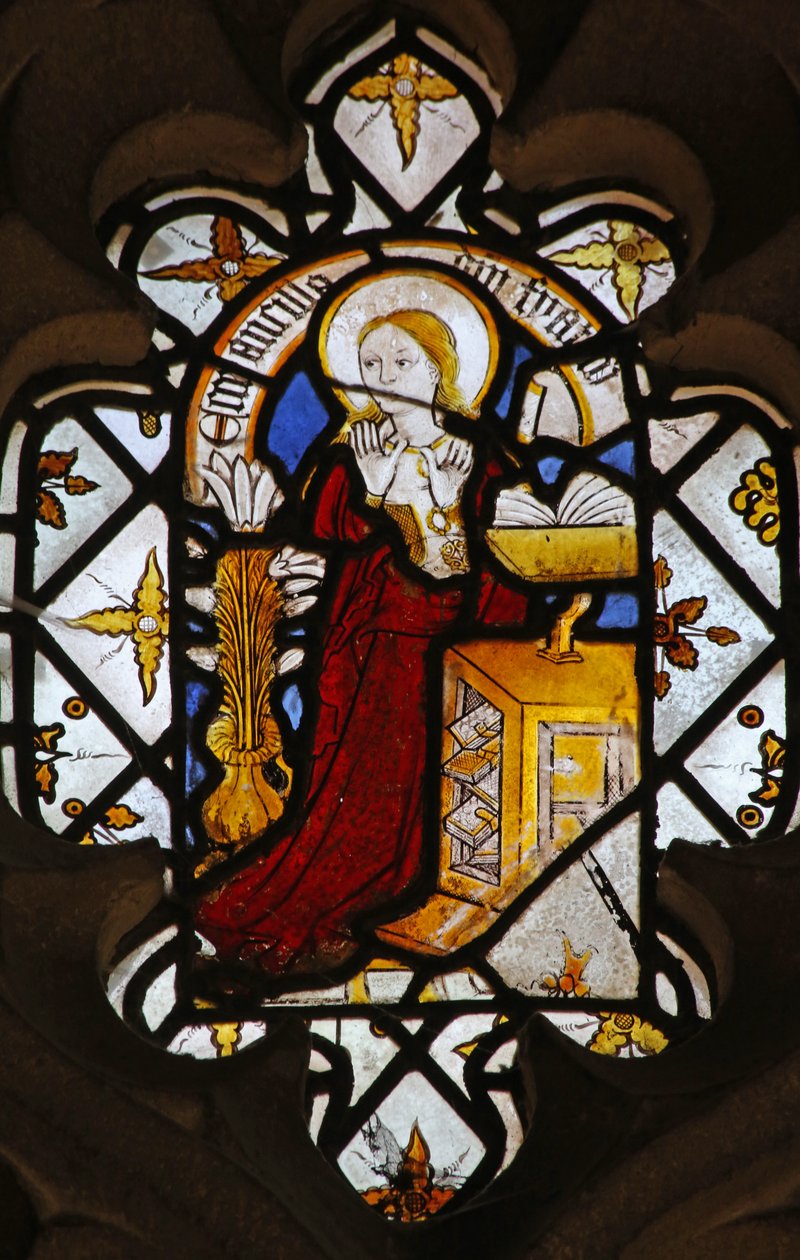 Window St Nectan Chapel Ew som viser Jomfru Maria ved kunngjøringen av English School