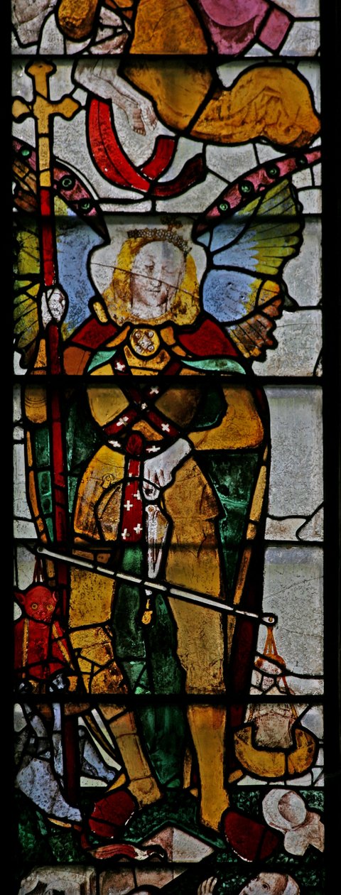 Window Ww som viser en scene fra den siste dommen: St Michael og andre detaljer av English School