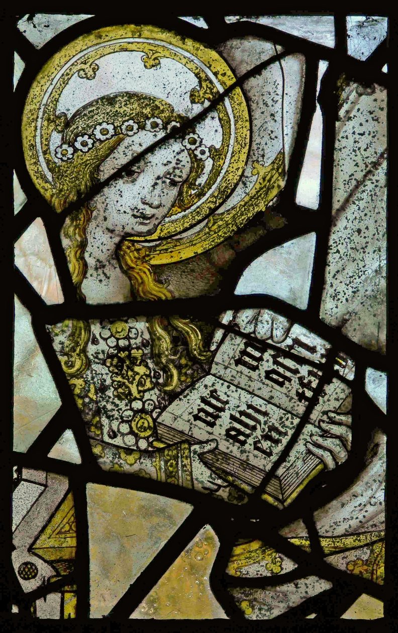 Vindu som viser St. Anne som lærer jomfruen å lese - detalj av jomfru Maria (farget glass) av English School