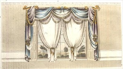 Vindusgardiner, plate 110 fra Ackermanns Repository of Arts, utgitt 1820 (farge litho) av English School
