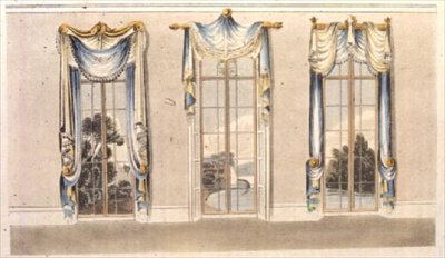Vindusgardiner, plate 112 fra Ackermanns Repository of Arts, utgitt 1820 (farge litho) av English School