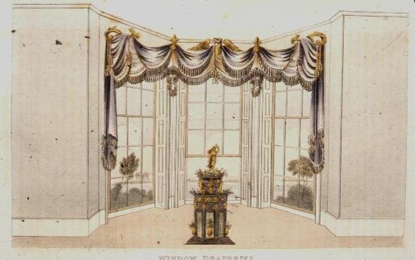 Vindusgardiner, plate 113 fra Ackermanns Repository of Arts, utgitt 1820 (farge litho) av English School