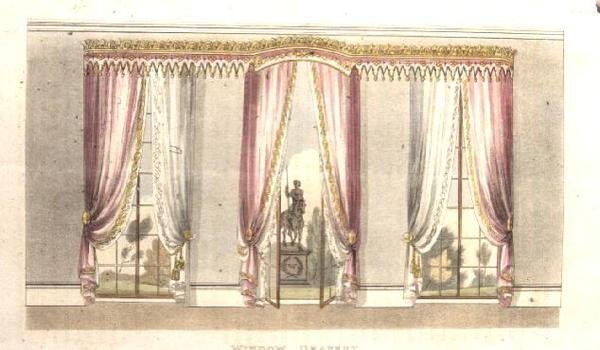 Vindusdraperi, plate 114 fra Ackermanns Repository of Arts, utgitt 1820 (farge litho) av English School