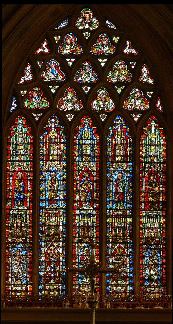 Vindu e-1 som viser Noah, Abraham, David, Jesaja og Malaki; Eva, slangen, jomfruen og barnet, den frekke slangen og Moses av English School