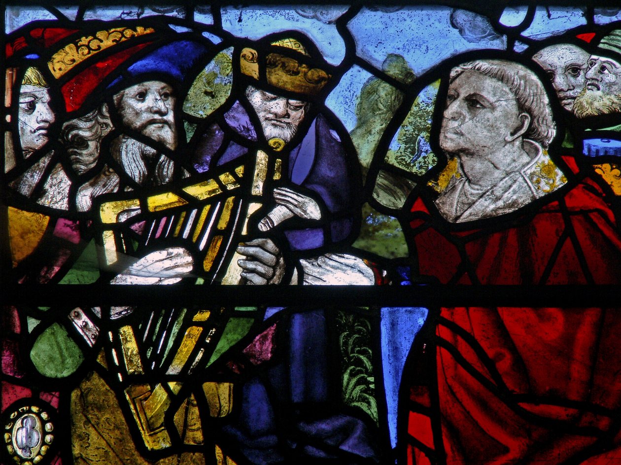 Vindu n-5 som viser en figur med en harpe - detalj av English School