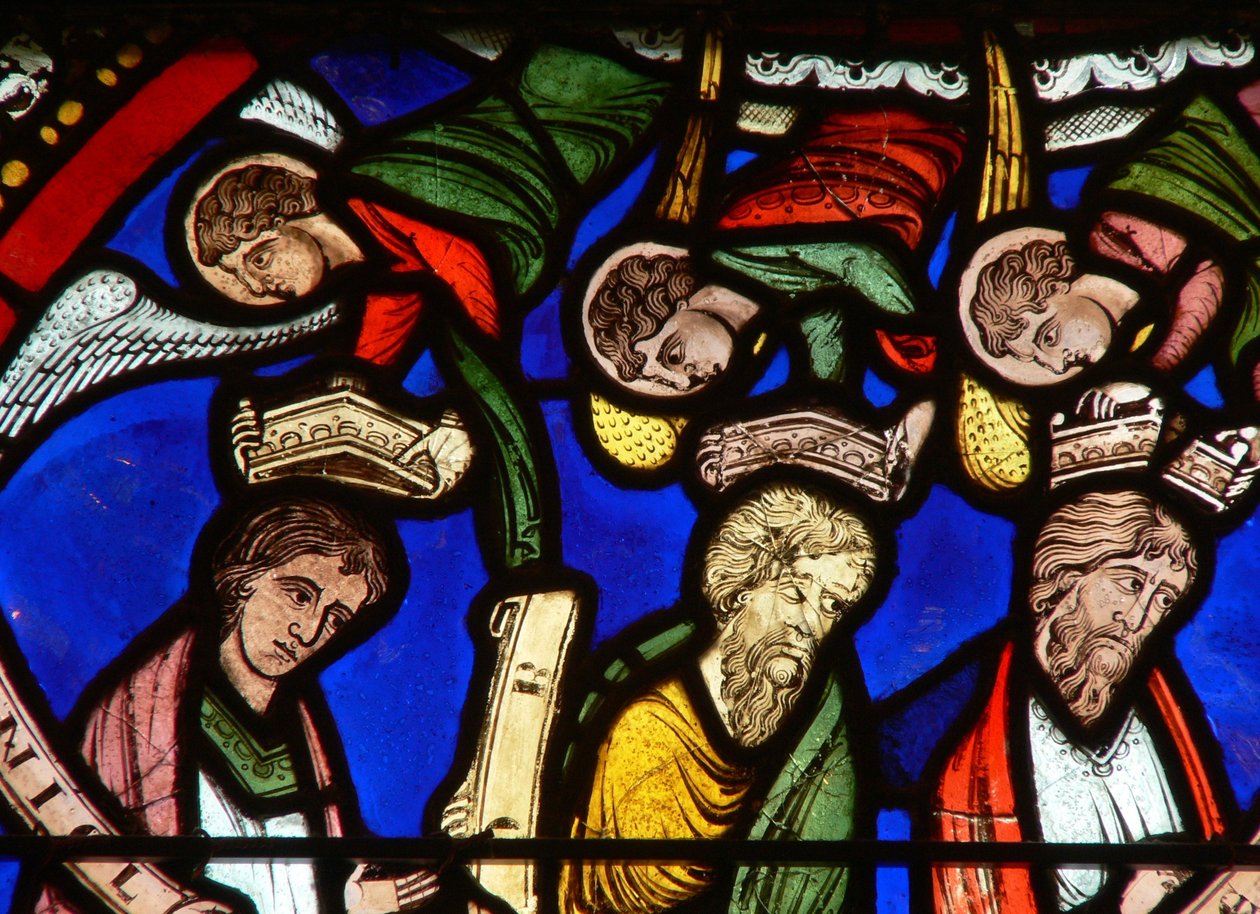 Vindu n15 som viser Noah, Daniel og Job (farget glass) av English School