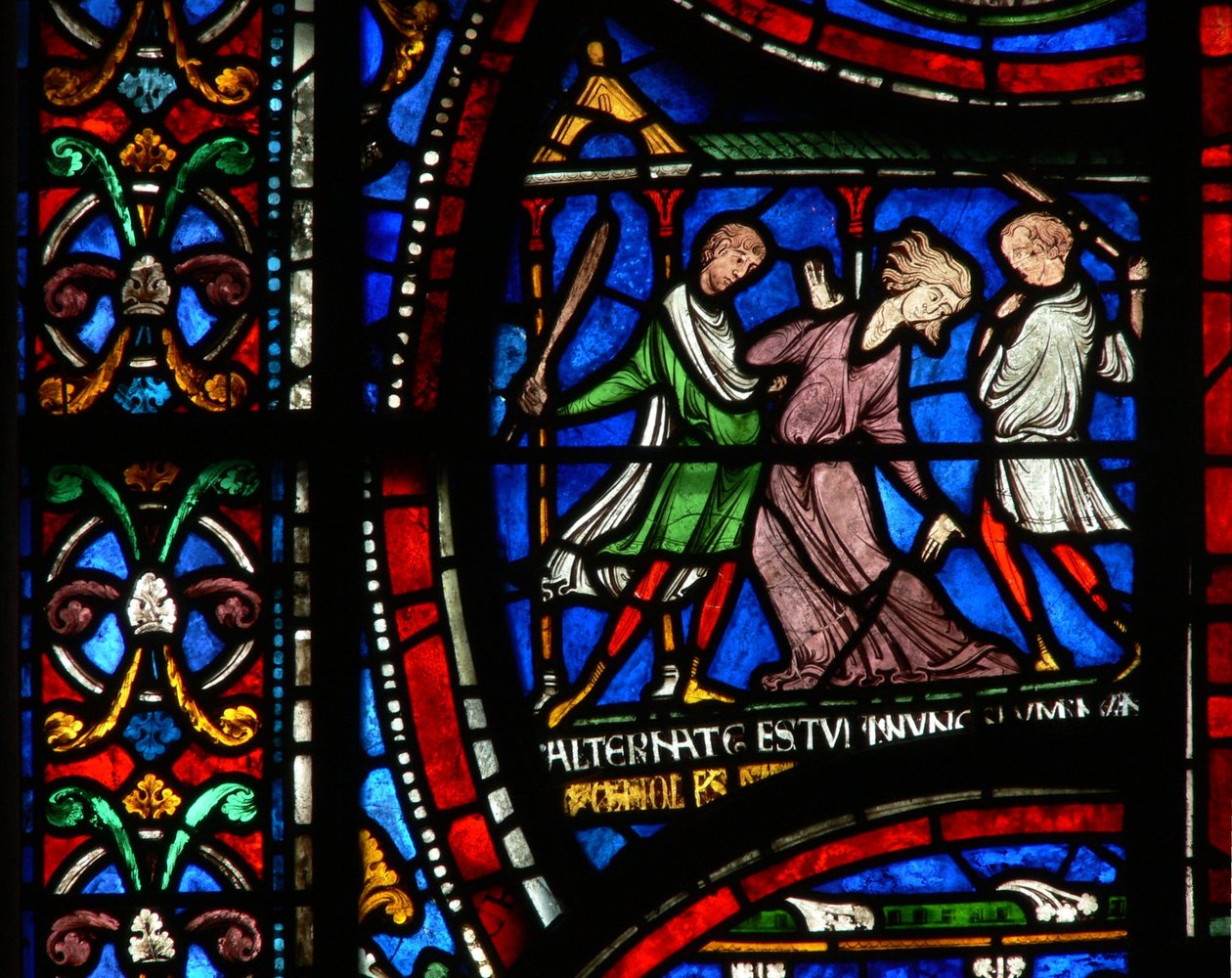 Vindu n2 som viser en scene fra et St Thomas Becket Miracle-vindu: Mad Matilda of Colognes historie av English School