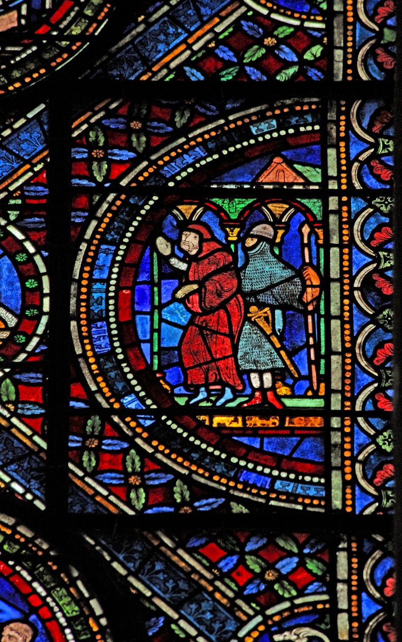 Vindu n7 som viser en scene fra livet til St Thomas Becket: en væpnet ridder og en munk av English School