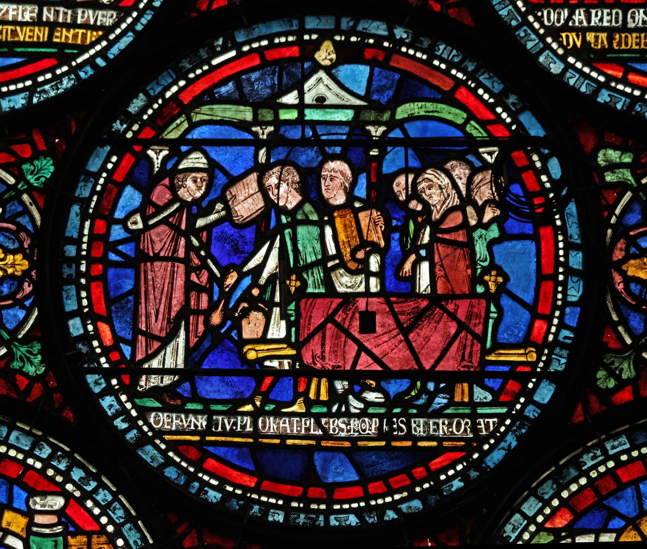 Vindu s6 som viser en scene fra et St Thomas Becket Miracle-vindu: Gilbert de Brun (?) begravelse av English School