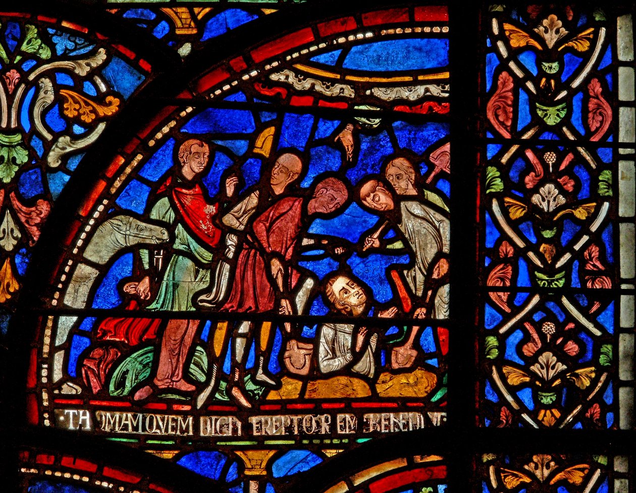 Window s7 som viser en scene fra et St Thomas Becket Miracle-vindu: William av Gloucester gravlagt og avdekket av English School